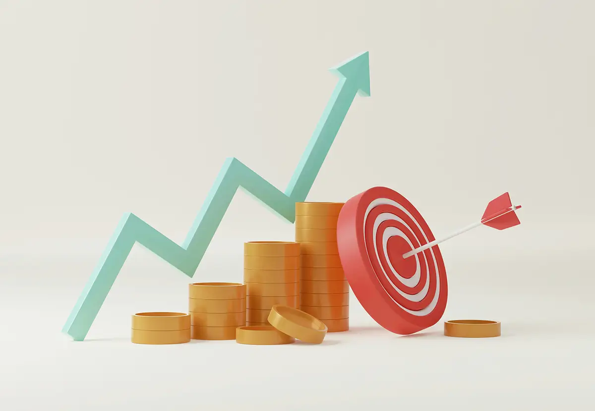 An illustration of a zig-zag arrow point upward, resting on piles of coins. A target with an arrow dead centre leans agains the coin towers